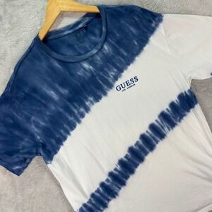 GUESS Men's‎ Tie-Dye T-Shirt Blue White Logo Graphic Cotton Short Sleeve Sz M